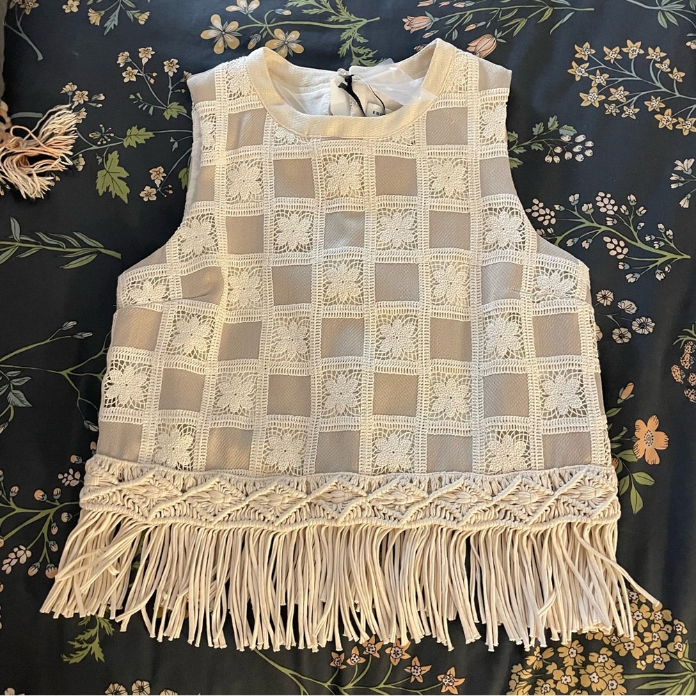 NWT English Factory Crochet Patchwork Fringe top sz Medium